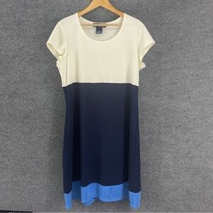 Susan Graver Womens Color Block Dress Size Large Cream Blue Short Sleeve Beach